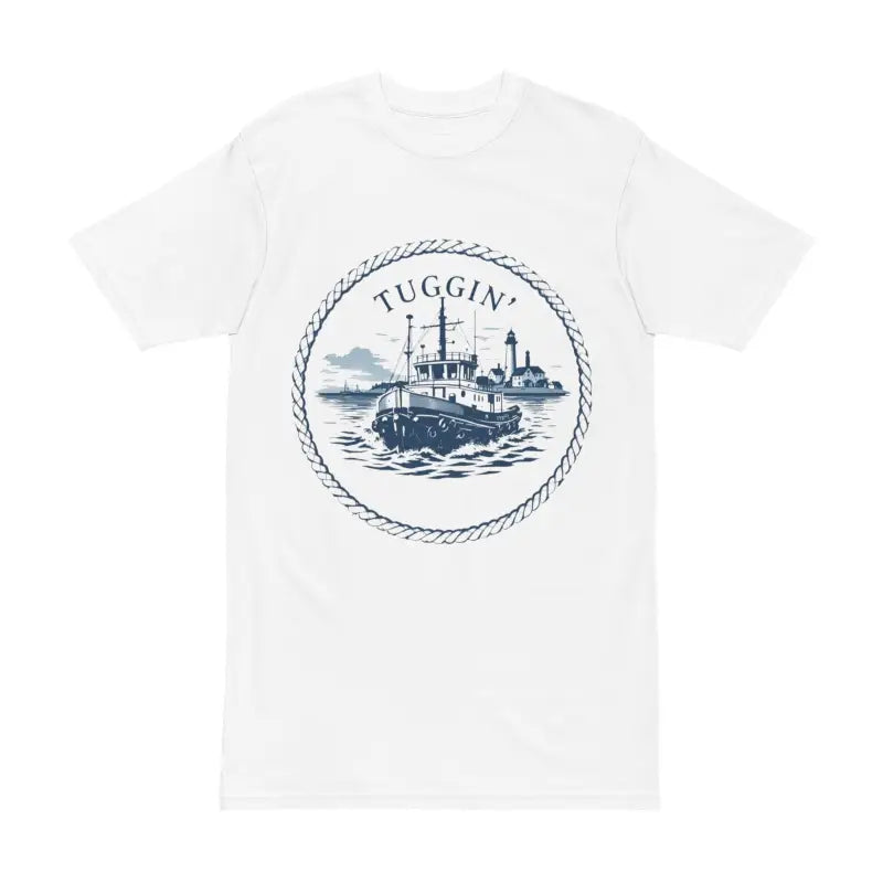 White T-shirt featuring a tugboat graphic from the Tshirt Collection with Tugboat Graphics
