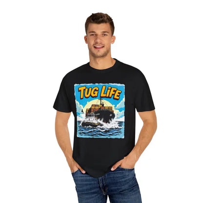 Black Tug Life T-Shirt featuring a graphic for Marine Enthusiasts and Boat Lovers