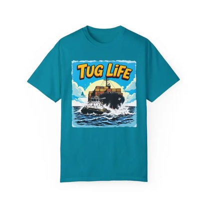 Teal Tug Life T Shirt for Marine Enthusiasts and Boat Lovers with graphic design