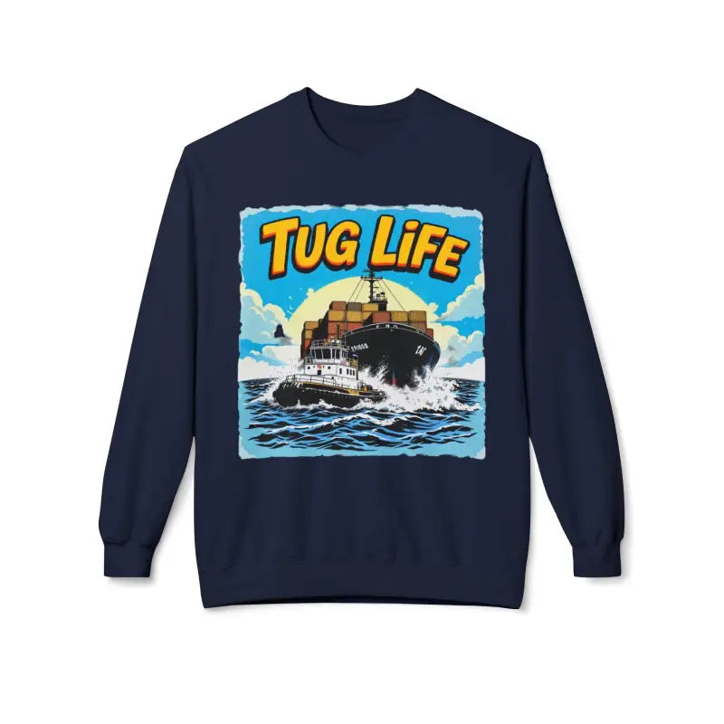 Navy blue Tug Life unisex midweight fleece crewneck sweatshirt with graphic design