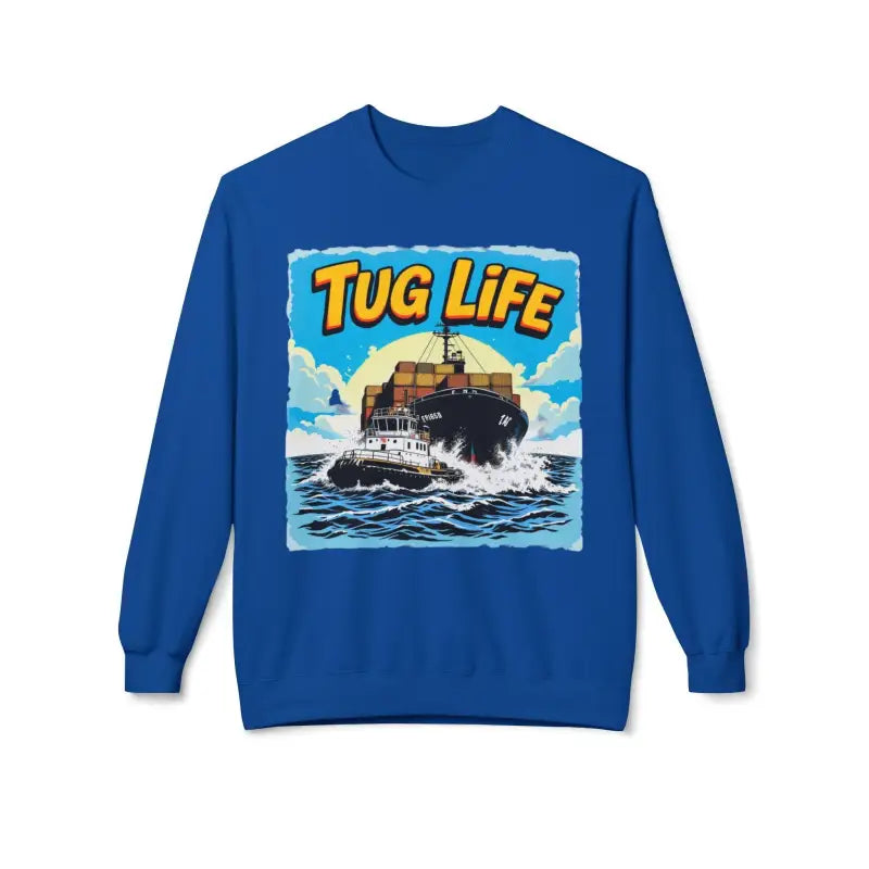 Blue Tug Life sweatshirt displayed on a model featuring unisex midweight fleece design