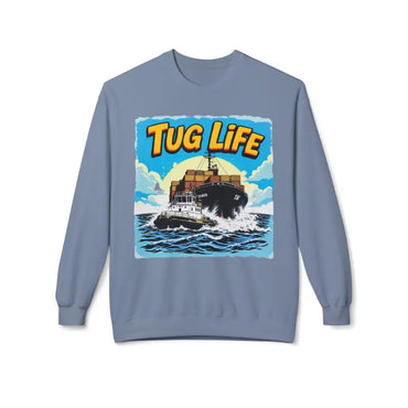 Blue Tug Life sweatshirt displayed on the Tug Life Unisex Midweight Fleece Crewneck