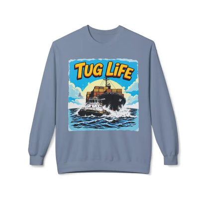 Blue Tug Life sweatshirt displayed on the Tug Life Unisex Midweight Fleece Crewneck