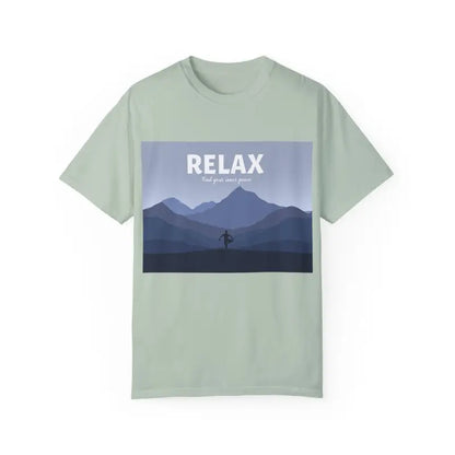 Turquoise Mountain Scene Relax T Shirt showcasing a serene outdoor design for relaxation