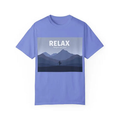 Periwinkle t-shirt featuring a mountain graphic from the Turquoise Mountain Scene collection