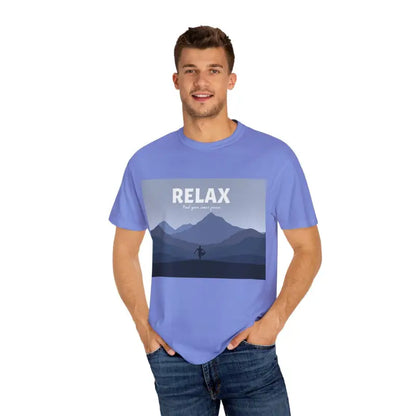 Periwinkle t-shirt featuring a mountain graphic from the Turquoise Mountain Scene collection