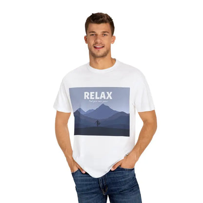 White T-shirt featuring a mountain graphic from the Turquoise Mountain Scene Relax collection