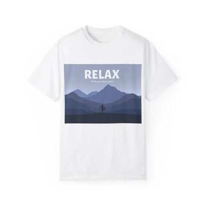 White Turquoise Mountain Scene Relax T Shirt featuring a serene mountain landscape design