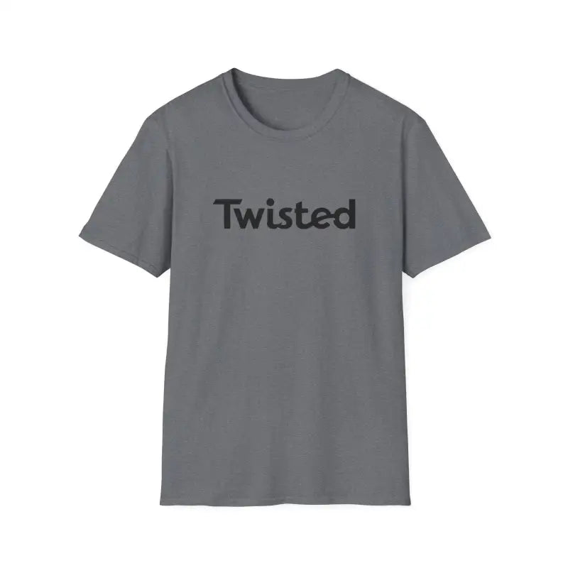 Gray Twisted Unisex T Shirt featuring bold text in Olive Green and Yellow design
