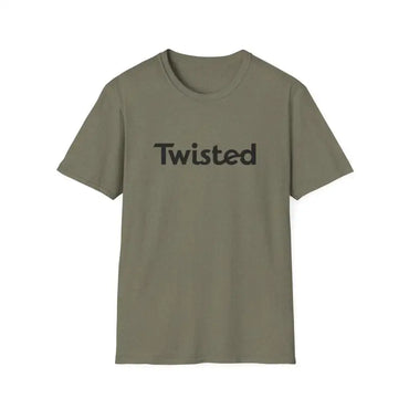 Olive green Twisted Unisex T-shirt with yellow accents displayed for sale