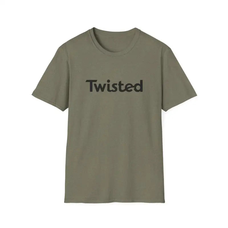 Olive green Twisted Unisex T-shirt with yellow accents displayed for sale