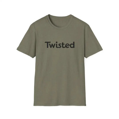 Olive green Twisted Unisex T-shirt with yellow accents displayed for sale