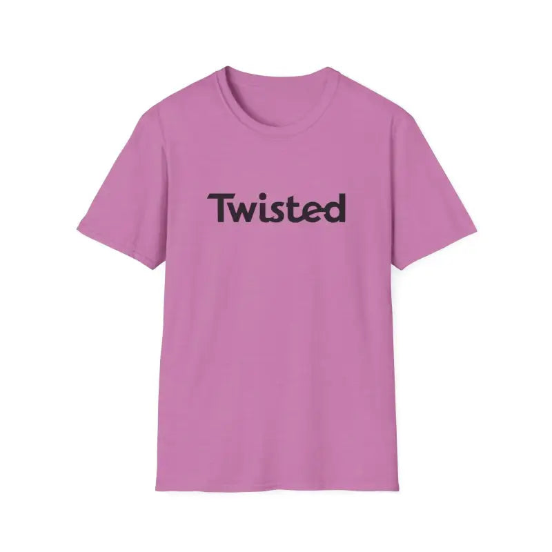 Pink Twisted Unisex T-Shirt featuring bold text in Olive Green and Yellow design