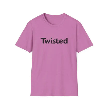 Pink Twisted Unisex T-Shirt featuring bold text in Olive Green and Yellow design