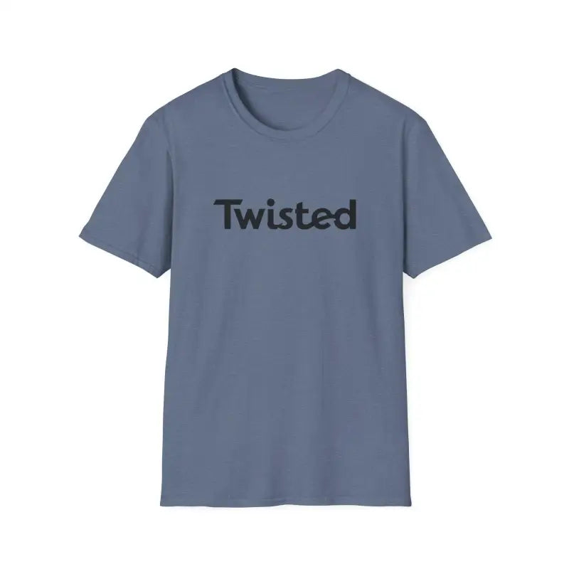 Blue Twisted Unisex T-Shirt featuring stylish text design in Olive Green and Yellow