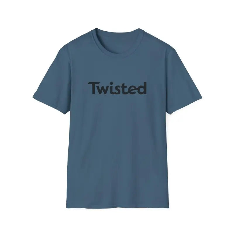 Blue Twisted Unisex T-Shirt showcasing bold text on Olive Green and Yellow design