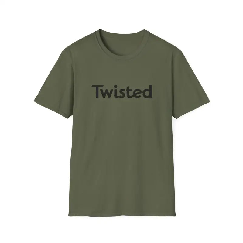 Twisted Unisex T-Shirt in Olive Green and Yellow displayed on a neutral background