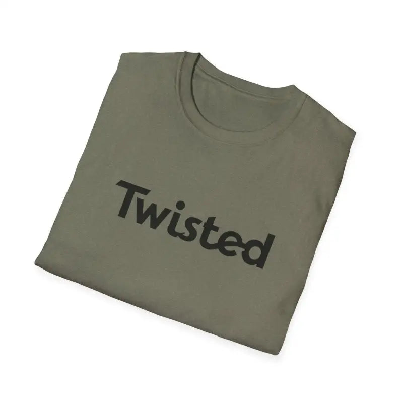 Folded olive green Twisted Unisex T-Shirt featuring a yellow design