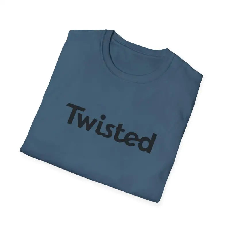 Folded blue Twisted Unisex T Shirt displayed with Olive Green and Yellow color options
