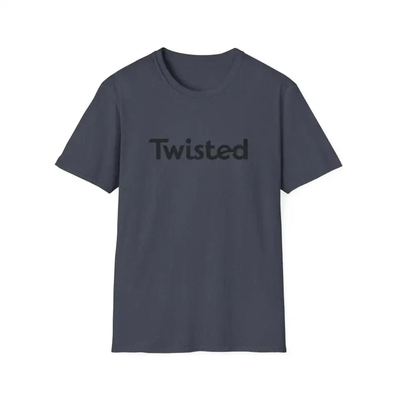 Gray Twisted Unisex T-Shirt featuring bold text in Olive Green and Yellow design