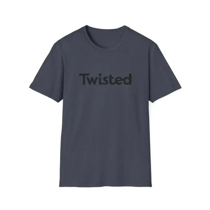 Gray Twisted Unisex T-Shirt featuring bold text in Olive Green and Yellow design