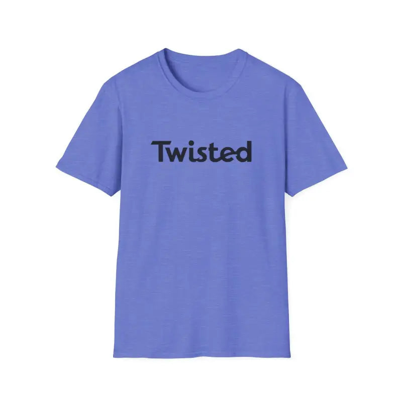 Periwinkle Twisted Unisex T-Shirt featuring stylish text in Olive Green and Yellow