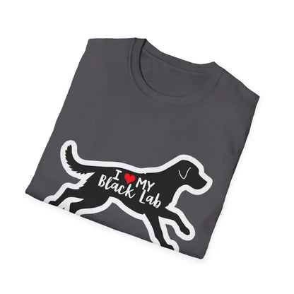 Folded gray t-shirt featuring a Black Lab graphic for unisex wear