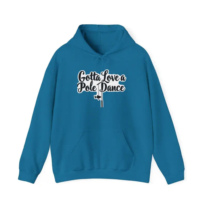 Blue hoodie featuring a fishing graphic on a Unisex Fishing Pole Dance Hooded Sweatshirt