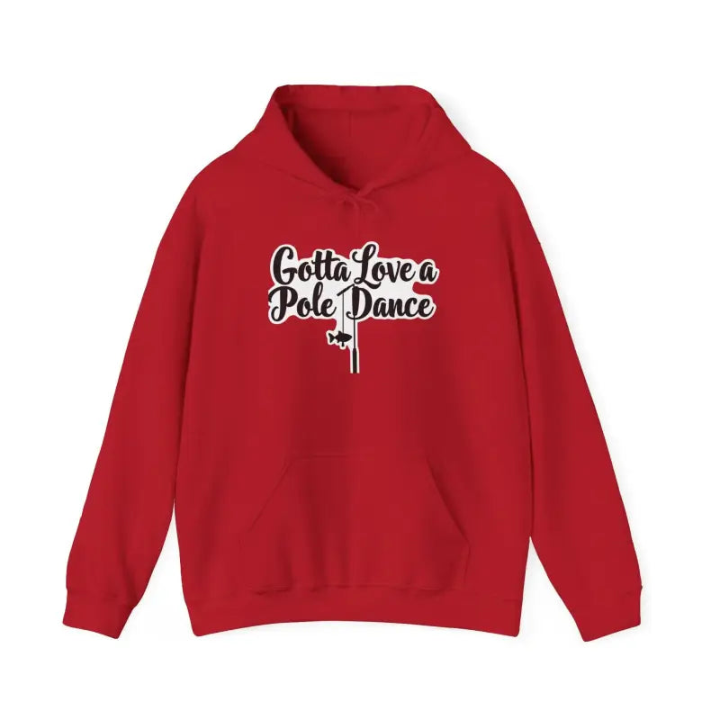 Unisex Fishing Pole Dance Hooded Sweatshirt featuring a red hoodie with fishing pole graphic