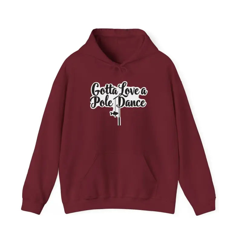 Maroon hoodie featuring a fishing graphic from the Unisex Fishing Pole Dance collection