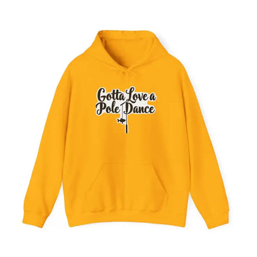 Unisex Fishing Pole Dance Hooded Sweatshirt featuring a yellow hoodie with fishing pole graphic