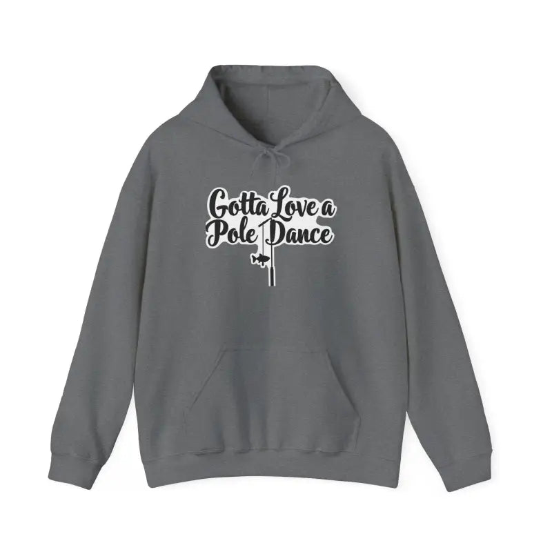 Gray hoodie featuring a fishing graphic from the Unisex Fishing Pole Dance Hooded Sweatshirt