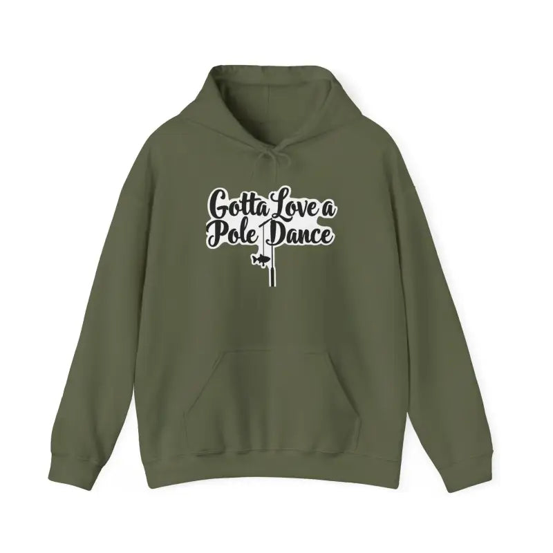 Olive green hoodie featuring Unisex Fishing Pole Dance design for versatile wear