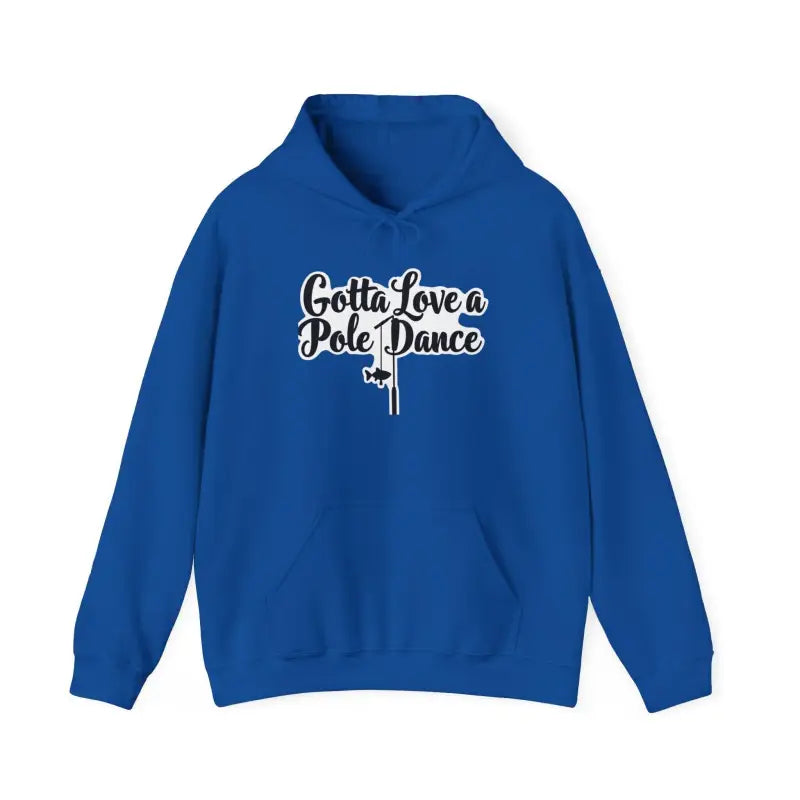 Blue hoodie featuring a fishing graphic from the Unisex Fishing Pole Dance Hooded Sweatshirt