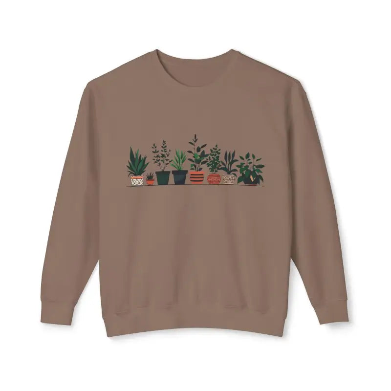 Brown sweatshirt featuring a potted plant design for unisex wear