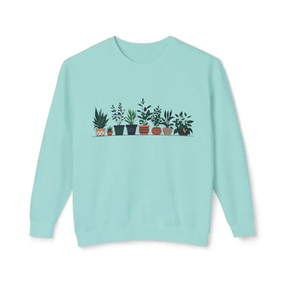 Light blue Unisex Lightweight Crewneck Sweatshirt featuring potted plant design