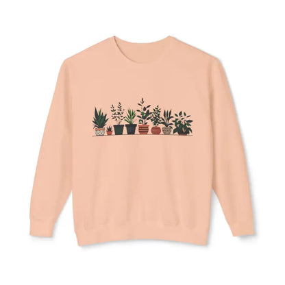 Peach-colored unisex lightweight crewneck sweatshirt with potted plant design