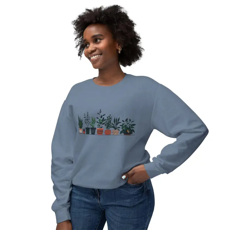 Blue Unisex Lightweight Crewneck Sweatshirt featuring a Potted Plant Design