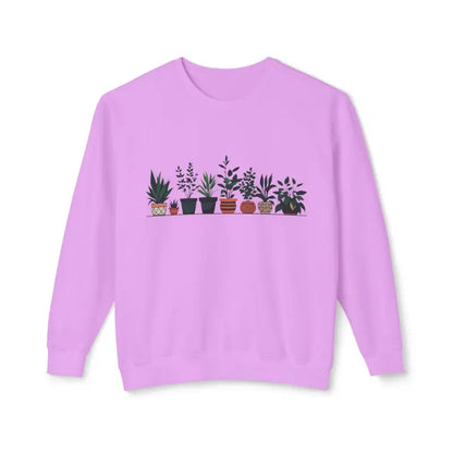 Lilac sweatshirt featuring a unique potted plant design for a stylish look
