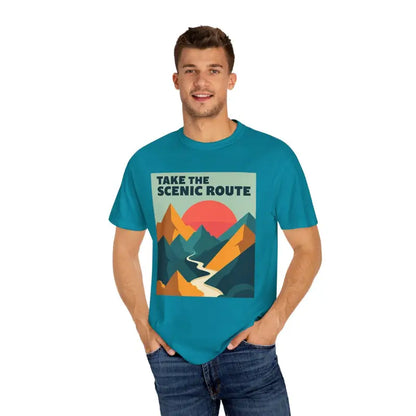 Teal Unisex Mountain Graphic Hiking T Shirt featuring a stunning mountain design