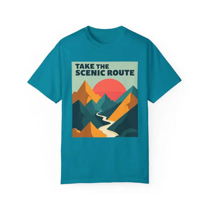 Teal Unisex Mountain Graphic Hiking T Shirt featuring a stunning mountain design