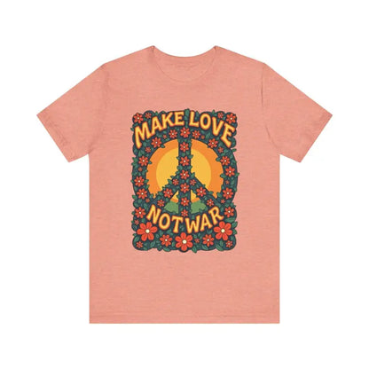 Peach-colored Unisex Retro Peace Symbol Graphic T-Shirt displayed on a neutral background