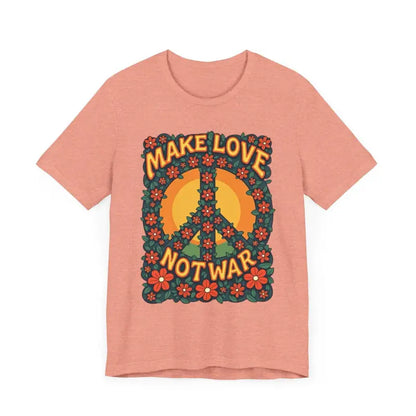 Peach-colored unisex retro T-shirt featuring a floral peace sign graphic design