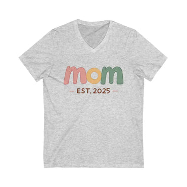 Gray v-neck t-shirt designed for new or expecting mothers, V Neck Tee Mom Est 2025