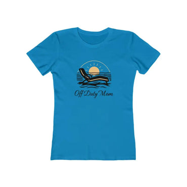 Blue t-shirt featuring beach-themed graphic from Vacation Vibes Tee for Women Off Duty Mom Design