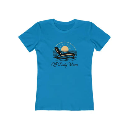 Blue t-shirt featuring beach-themed graphic from Vacation Vibes Tee for Women Off Duty Mom Design
