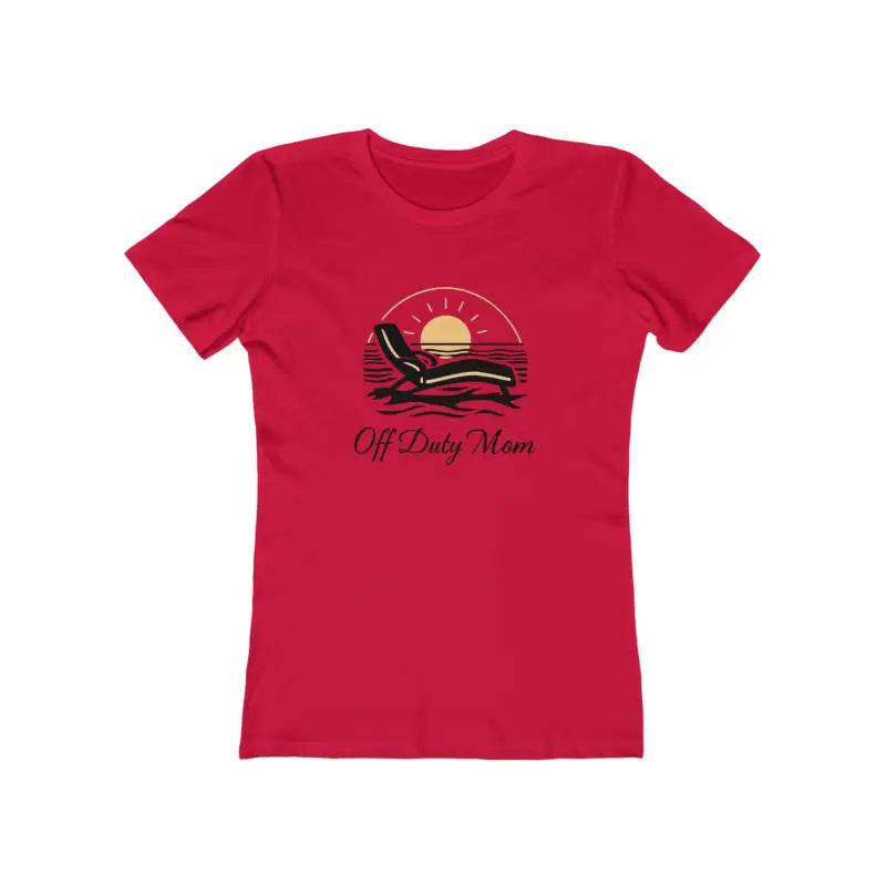 Red t-shirt featuring a beach scene from the Vacation Vibes Tee for Women design