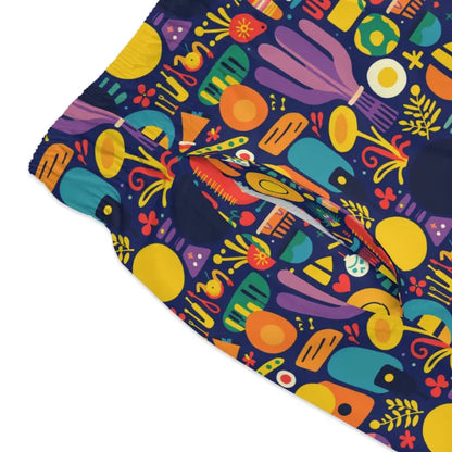 Colorful musical instrument patterned pillow displayed with Vibrant Patterned Swim Trunks