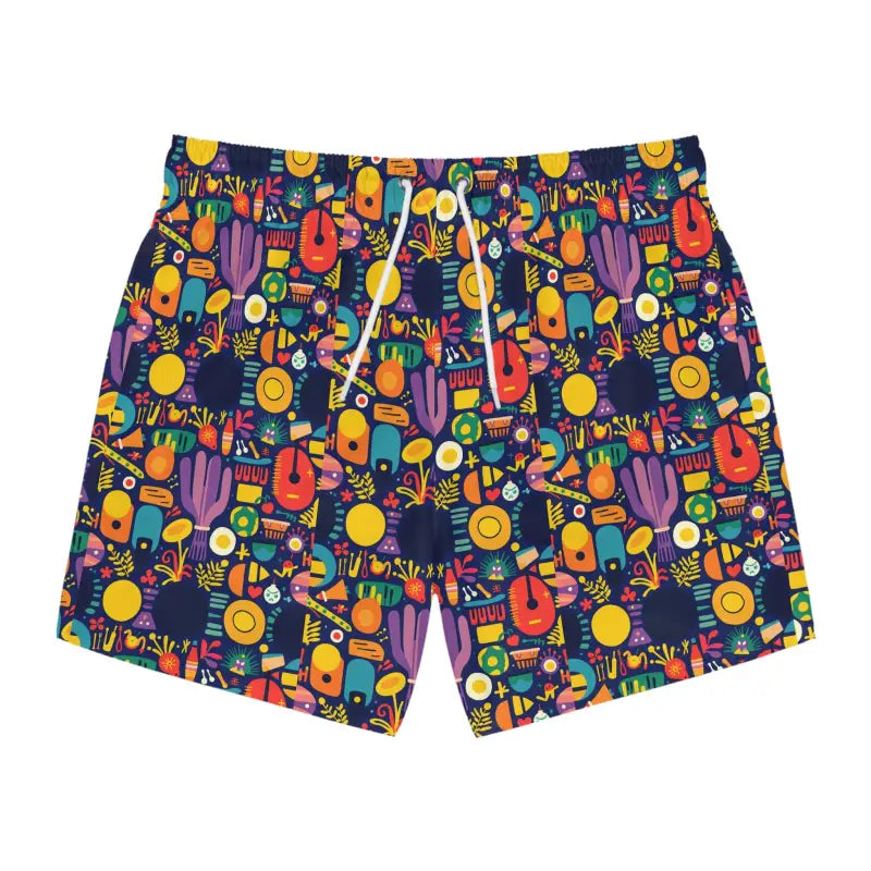 Vibrant patterned men’s swim trunks featuring bold colorful geometric designs for beachwear