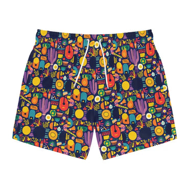 Vibrant patterned men’s swim trunks featuring bold colorful geometric designs for beachwear